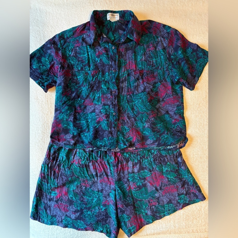 Vintage 90s Tropical Leaf Print Shirt and Shorts Set, Teal Purple. Size Large